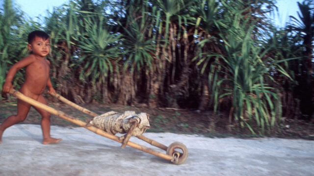 Kind mit Schubkarre aus Bambus, Insel Lombok, Indonesien